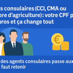 Infographie sur la réforme du CPF des agents consulaires : conversion des heures en euros, illustrée par des pictogrammes représentant les CCI, CMA et chambres d’agriculture