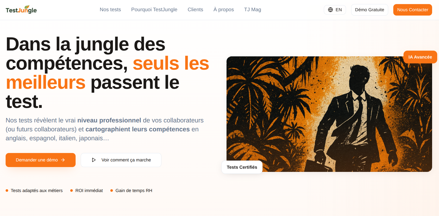 Capture d'écran du site internet TestJungle, plateforme d'évaluation et de positionnement de niveaux professionnels, notamment linguistiques.
