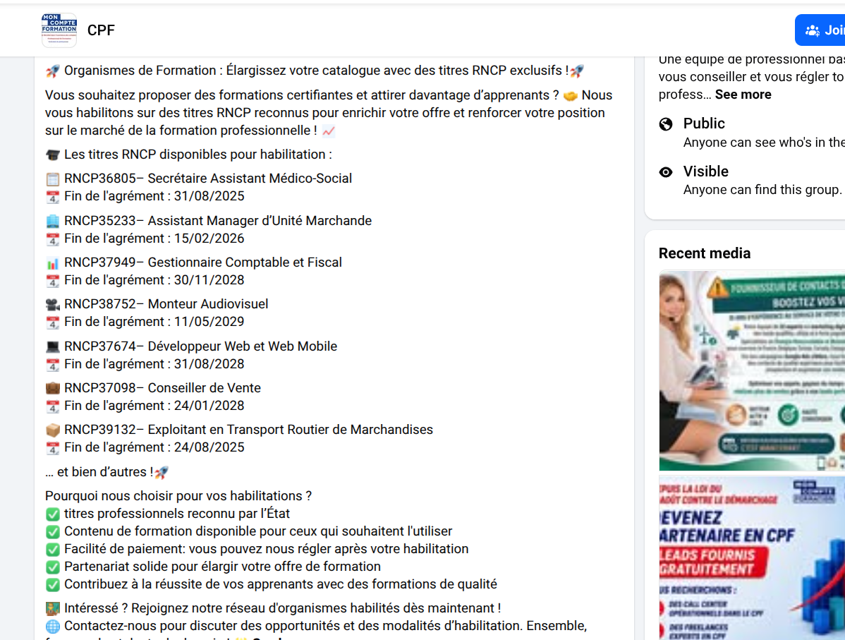 Publication commerciale proposant à des organismes de se faire habiliter sur des titres RNCP pour élargir leur offre de formation