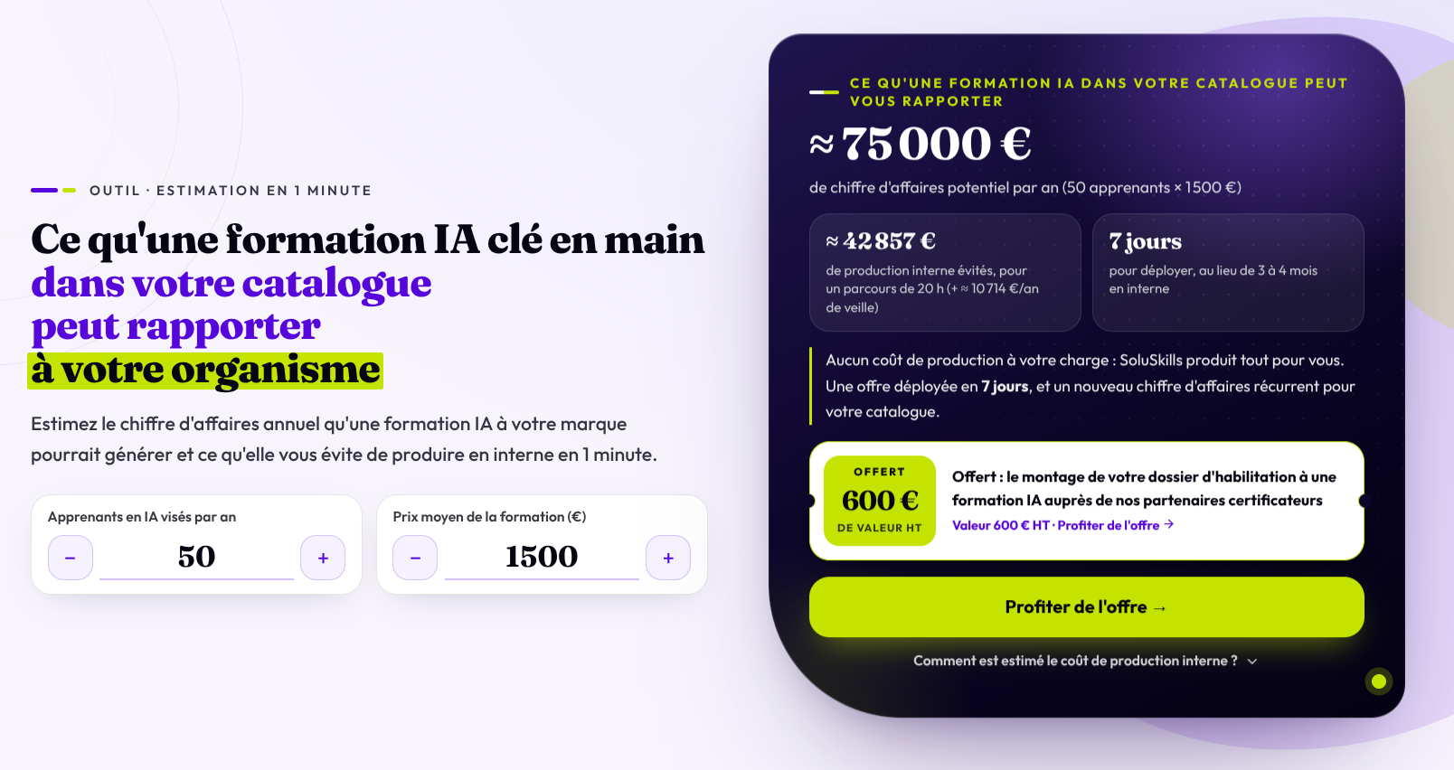 Simulateur de rentabilité d'une formation IA clé en main : 75 000 euros de chiffre d'affaires estimé pour 50 apprenants à 1 500 euros